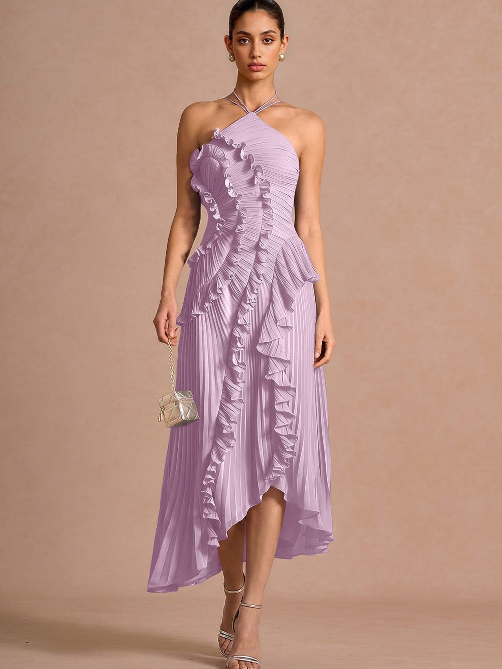 Lavender Ruffle Halter Midi Dress